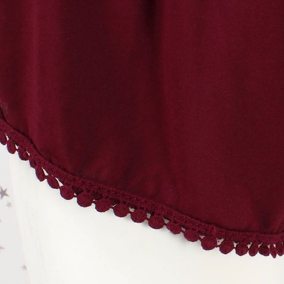 Surplice Lace Pompom Cami Romper Burgundy - Picture 4 of 8